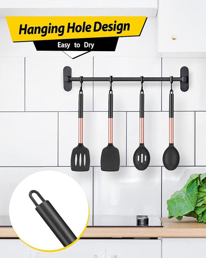 Pack of 4 Silicone Cooking Utensils Set, Non Stick Large Solid Spatulas, Heat Resistant Rose Gold Black Slotted Spoons, Ideal BPA Free Kitchen Turners for Frying, Mixing,Serving,Draining,Turning