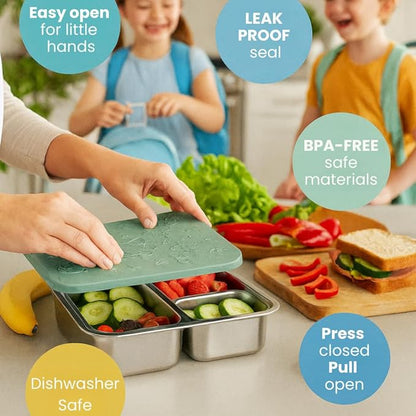 Stainless Steel Lunch Box for Kids 3 and older - 3 Pieces: Stainless Steel Bento Box & 2 Snack Containers for Kids - Dishwasher Safe, Eco-Friendly, BPA Free, Leak Proof