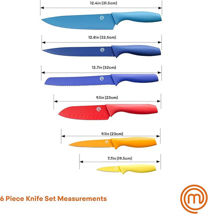 MasterChef Kitchen Knife Set with Covers incl. Paring, Boning, Carving, Bread, Santoku & Chef Knife, Sharp Cutting Stainless Steel Blades with Sheaths, 12 Piece (6 Colored Kitchen Knives & 6 Covers)