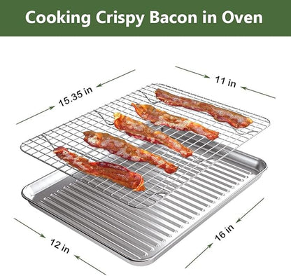 ROTTAY Baking Sheet with Rack Set (2 Pans + 2 Racks), Stainless Steel Cookie Sheet with Cooling Rack, Nonstick Baking Pan, Warp Resistant & Heavy Duty & Rust Free, Size 16 x 12 x 1 Inches