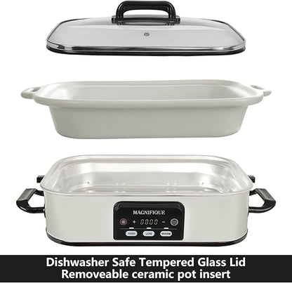 Magnifique 4 Quart Casserole Digital Slow Cooker, Premium Ceramic Bakeware for Oven, Dishwasher Safe Baking Dish, White