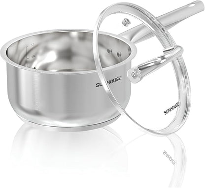 SUNHOUSE – 1.5 Quart Stainless Steel Sauce Pan with Lid - PFOA-FREE, High Stainless Steel Sauce Pan, Induction base, Stay-Cool Handle, Compatible with All Cooktops Gas, Geramic, Electric etc.