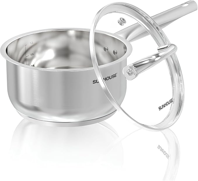 SUNHOUSE – 3 Quarts Stainless Steel Sauce Pan with Lid - PFOA-FREE, High Stainless Steel Sauce Pan, Advanced Impact Bonding Induction Base, Stay-Cool Handle, Compatible with All Cooktops