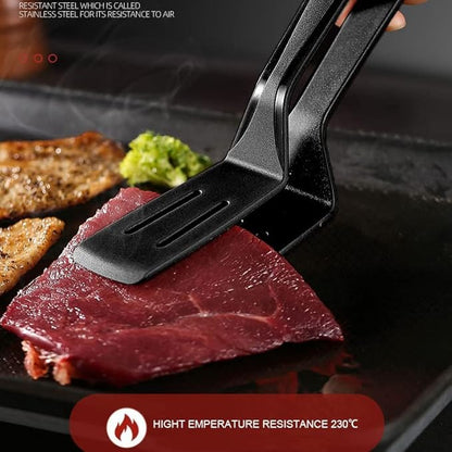 Mu&Ti Silicone Kitchen Tongs 2-in-1 11 In Premium Stainless Steel Barbecue Clamp Multipurpose BBQ Clamp Spatula for Gripper Bread Clip/Fried Steak Clamp/Flipping Fish/Beefsteak Flipper Two Set(Black)