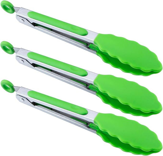 MSY BIGSUNNY Kitchen Food Tongs - 7" Mini Silicone Serving Tongs - Set of 3 (Green)