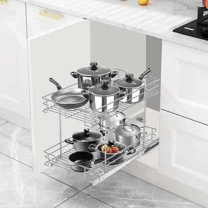 Fulgente Chrome Finish Pull Out Drawer Cabinet Organizer, Professional Wire Frame 2 Tier Heavy Duty Slide Out Kitchen Cabinet Storage Shelves, Sliding Drawer for Cabinet 11"W x 21"D