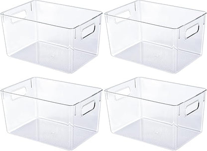 JollyPack 4 Pack Clear Plastic Storage Bins, Pantry Organizers and Storage with Handles, Clear Storage Containers for Fridge, Kitchen, Cabinet, Bathroom and Office