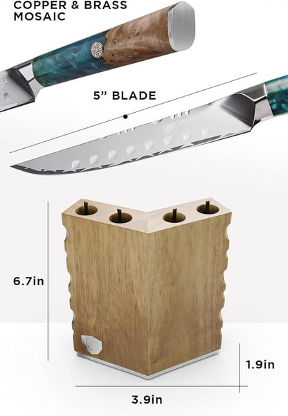 Dalstrong Steak Knives Block Set - 5 inch 4 Piece Set - Valhalla Series - Premium 9CR18MOV HC Steel - Celestial Resin & Wood Handle - Razor Sharp - Kitchen Cooking Chef's Knife - Leather Sheath