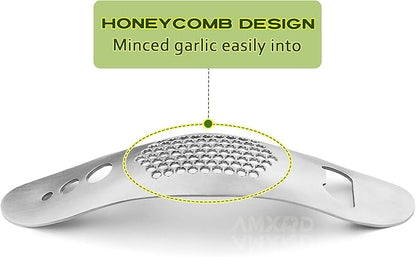 Garlic Press Rocker & Silicone Peeler, Stainless Steel Garlic Mincer, Herb Stripper & Leaf Zipper
