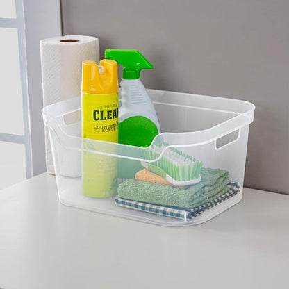 Sterilite 7 x 11 x 14.25 Inch Polished Open Scoop Front Storage Bin with Comfortable Carry Through Handles for Household Organization, Clear (24 Pack)
