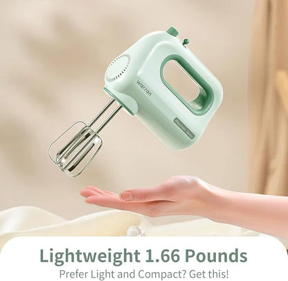 300W Compact Lightweight Electric Hand Mixer, with Powerful Quiet DC Motor for Baking, Cake, Brownies, Cookie Dough, Ideal for Home Kitchen (Green)