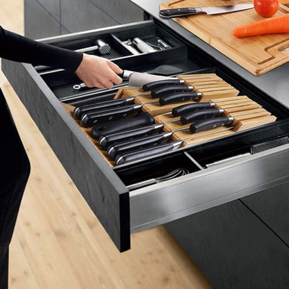 NIUXX Bamboo In-Drawer Knife Block Set for 12 Knives(Not Included), Large Kitchen Detachable Washable Cutlery Slot Organizer Storage Holder for Sharpening Steel and Cutter