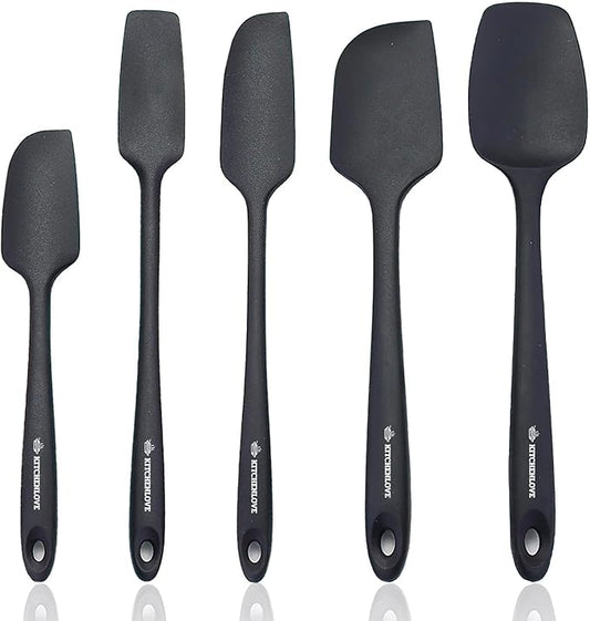 KITCHENLOVE Premium 600°F Heat Resistant 5 Piece Silicone Spatula Set for Baking, Cooking, Mixing - Non-Stick with High Grade S-Iron Steel Core - One Piece Seamless Design - BPA Free (Black)