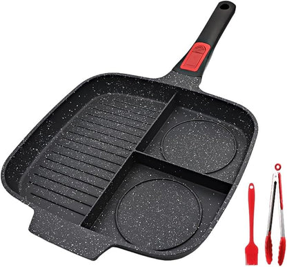 3 in 1 Grill Pan for Stove Tops with Detachable Handle, Nonstick Versatile Griddle Divided Pan, Square Skillet PFOA Free, Black