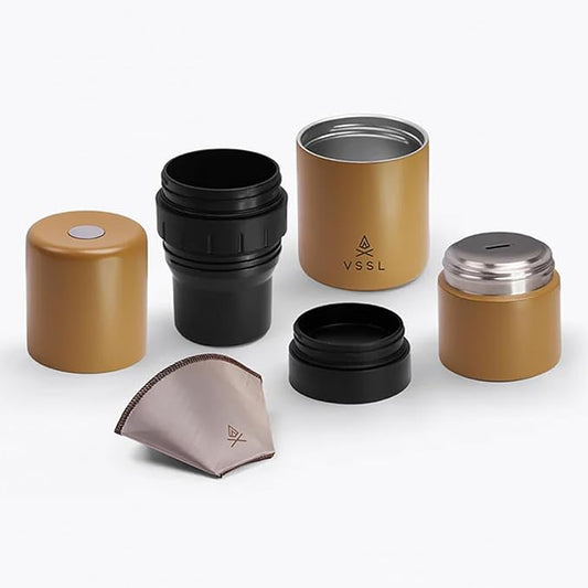 VSSL - Nest Pour Over Coffee Kit | Coffee Maker for Camping | All-In-One Travel Pour Over | Transportable Dripper, Two 10oz Stainless Steel Travel Mugs | Compact Storage & Adventure Ready | Sahara