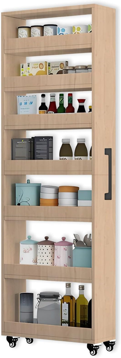 7-Tier Slim Storage Cart, Wooden Rolling Pantry Cabinet with Wheels, Narrow Shelf Organizer for Kitchen, Bakers Rack, Dining Room, Closet, Small Spaces Light Walnut 47.2" H*9.8" W*23.6" D