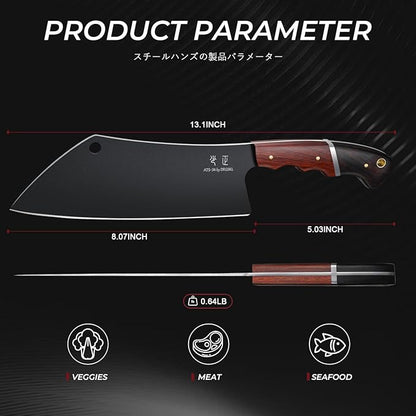 Meat Cleaver Knife 8inch - Black Butcher Knife for Meat Cutting, Japanese High Carbon Steel Vegetable Cleaver for Chopping, Kitchen Cooking Knife with Wooden Handle, Gift for Men