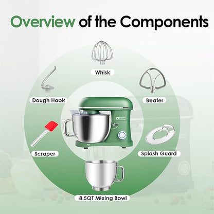 Kitchen in the box Stand Mixer, 900W 8.5QT Kitchen Electric Mixer, 6-Speed Large Capacity Food Mixer for Home Cooks with Egg Whisk, Dough Hook & Flat Beater (Green)