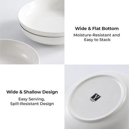 YHY Pasta Bowls Set of 4, 22 oz Ceramic Salad Plates, 7.8 Inch Wide Shallow Porcelain Dishes for Dinner, Microwave & Dishwasher Safe, White
