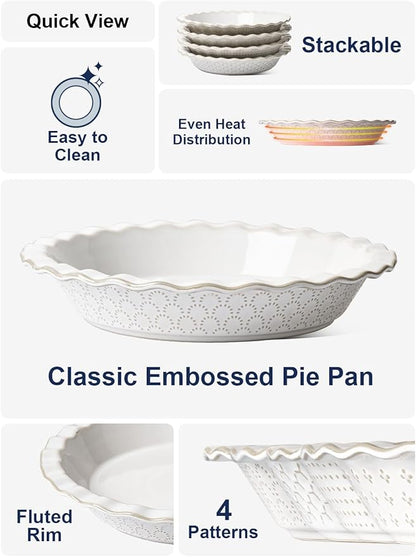 LE TAUCI Ceramic Pie Pans for Baking, 9 Inch Pie Plate for Apple Pie, Round Baking Dish, 36 oz Deep Dish Pie Pan - Set of 1, Fireworks, Arctic White