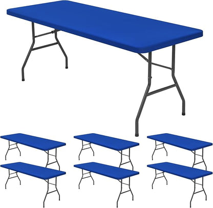6 Pack Stretch Fabric Table Top Cap Cover, fits 8' Tables, Spandex Table Covers Washable Elastic Rectangle Tablecloth Protector for Indoor Outdoor Party Picnic Wedding, Royal Blue, 30" W x 96" L