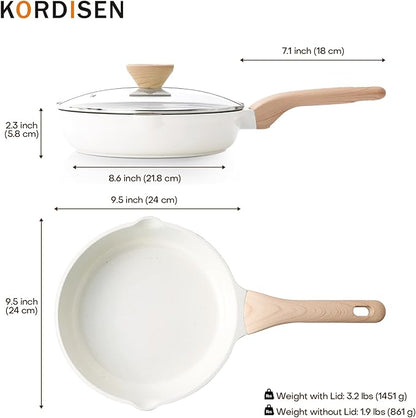 Kordisen Ceramic Non Stick Frying Pans Skillet with Lid, 9.5 Inch Ceramic Frying Pan Nonstick for Cooking Non Toxic, Healthy Induction Cookware, Heat Resistant Handle, PFOA & PFAS Free