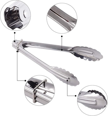 Mini Stainless Steel Food Tongs with Silding Rings 7-Inch - Set of 6 - Small Clam Shell Service Tongs for Serving Appetizers, Desserts, Salads, Barbecue and Cooking (Silver)