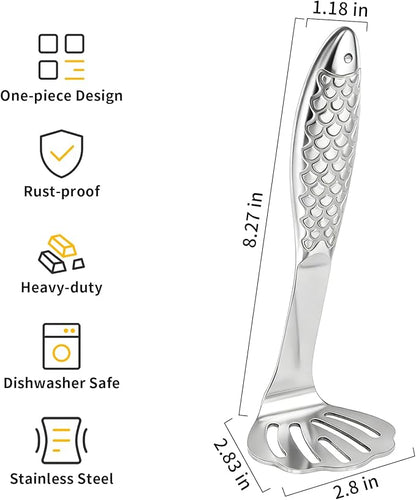 Fish-Shaped Potato Masher & Potato Smasher – Effortless Stainless Steel Potato Ricer with Ergonomic One-Piece Non-Slip Handle, Break-Resistant Masher Kitchen Tool for Potatoes, Avocados, Eggs & More