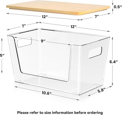 6 Pack Clear Stackable Storage Bins with Bamboo Lids, Trash Bag Holder Dispenser Under Sink Organizer for 4-13 Gal Bags, Plastic Storage Containers for Pantry Bathroom Kitchen Organization