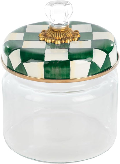 MACKENZIE-CHILDS Small Kitchen Canister, Decorative Glass Storage Jar with Lid, Green-and-White Emerald Check