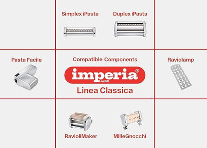 Imperia Pasta Maker Deluxe Gift Set w Accessories- Includes Pasta Machine, Ravioli Mold Press, Wooden Rolling Pin plus 2 Cutter Attachments for Adjustable Thicknesses- Made in Italy Steel Construction