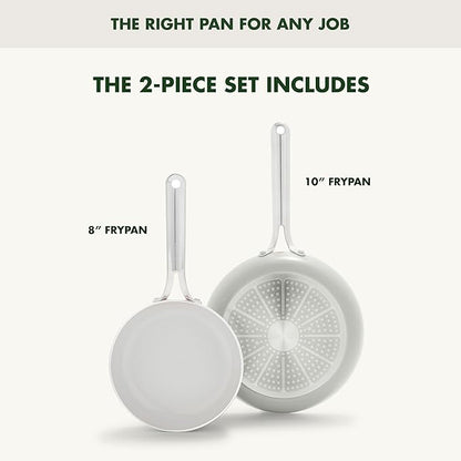 GreenPan Nova 8” & 10” 2 Piece Frying Pan Skillet Set, Oprah’s Favorite Things 2024, Induction Suitable PFAS-Free Nontoxic Ceramic Nonstick, Dishwasher & Oven Safe, Quick Even Heating, Cream White
