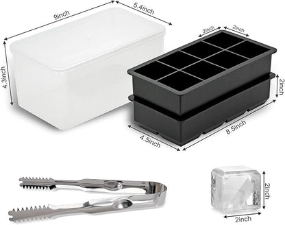 Bangp Large Ice Cube Tray with Bin and Tongs,2 Pack Large Size Silicone Ice Cube Trays for Whiskey, Big Square Ice Cube Molds Making 16 Giant Ice Cubes for Whiskey Cocktails Bourbon