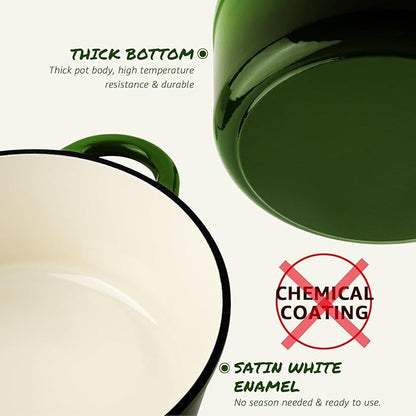 Overmont Enameled Cast Iron Dutch Oven - 5.5QT Pot with Lid Cookbook & Cotton Potholders - Heavy-Duty Cookware for Braising, Stews, Roasting, Bread Baking Green