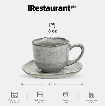 Organic Shape Restaurant 8oz Coffee Cup and Saucer, Commerical Grade Catering Stoneware Cups and Saucers in Ir-regular Organic Shape, Chip & Scratch Resistant, Glossy Reactive Glaze Grey, Case of 24