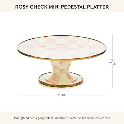 MACKENZIE-CHILDS Enamel Pedestal Platter, Round Cake Stand, Mini, Pink-and-White Rosy Check