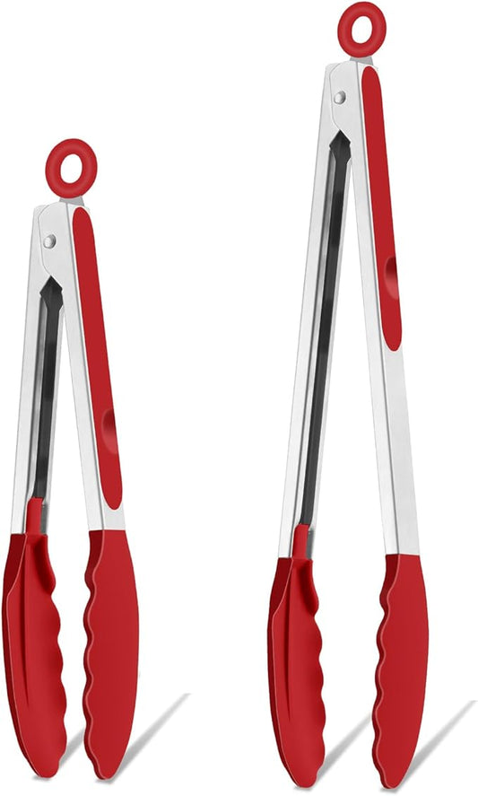 TeamFar Kitchen Tongs, 9" and 12" Stainless Steel Cooking Tongs with Silicone Tips for Cooking Grilling Serving & BBQ, Heat Resistant Silicone Tongs, Locking Design & Dishwasher Safe, Set of 2 & Red