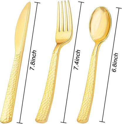KIRE 400PCS Gold Plastic Silverware - Extra Heavy Duty Hammered Silverware Disposable Set, Gold Utensils Set Include 200 Forks,100 Knives,100 Spoons for Thanksgiving Party, Wedding