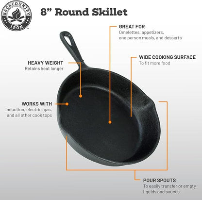 Backcountry Iron 8 Inch Round Medium Pre-Seasoned Cast Iron Skillet