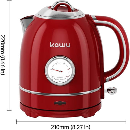 Kawu Retro Electric Kettle, 1.3L Hot Tea Water Boiler with Temperature Gauge, 1355W Fast Boiling Tea Kettle with Stainless Steel Inner & Boil-Dry Protection, Auto Shut Off, 60°C Keep Warm, Food Grade