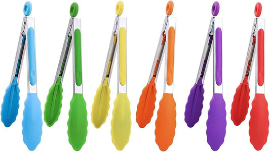 MSY BIGSUNNY Kitchen Food Tongs - 7" Mini Silicone Serving Tongs - Set of 6 (purple red orange green yellow blue)