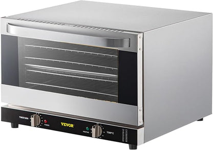 VEVOR Commercial Convection Oven, 47L/43Qt, Half-Size Conventional Oven Countertop, 1600W 4-Tier Toaster w/Front Glass Door, Electric Baking Oven w/Trays Wire Racks Clip Gloves, 120V
