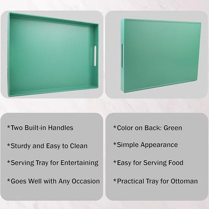 Green Serving Tray for Coffee Table, Rectangular Plastic Decorative Tray with Handles for Entertaining, Outdoor Patio, Living Room, Ottoman, Bathroom Counter, 11.8”*15.7”*1.6”