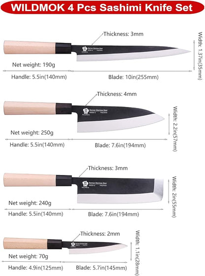 WILDMOK Set of 4 GYUTO Sushi Chef Knives-Yanagiba-Deba-Nakiri-Utility Kitchen Knife, Fish Slicing Filleting Knife Sets with German Steel Blade & Traditional Wooden Handle