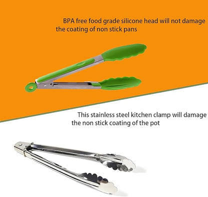 Kitchen Tongs with Silicone Tips,Tongs for Cooking Heat Resistant 600 Degrees Stainless Steel Locking Tongs,Grass Green Set of 3-7", 9" and 12"