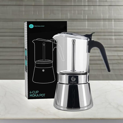 Coffee Gator 4 Cup Moka Pot, 6.7oz Stovetop Espresso Maker for Italian Coffee, Transparent Glass & Stainless Steel Design, Silver, 200ml