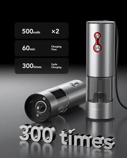 FORLIM Rechargeable Electric Salt and Pepper Grinder Set, Dual-Speed Control, Stainless Steel Automatic Salt & Pepper Mill with Dust Cover, 2 LED Lights, Adjustable Coarseness (2-Pack, Glossy Silver)