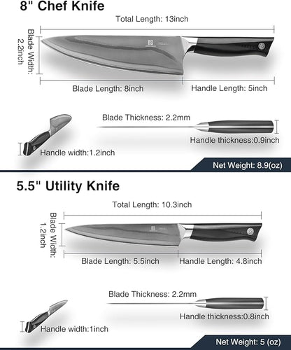 10C Pro Kitchen Knife Set 2pc,8" Chef Knife & 5.5" Utility Knife,VG10 High Carbon Stainless Steel,6-Star Sharp Standard,G10 Black Handle,Love's Gift Box