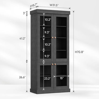 70.8" Bookshelf with Glass Doors, Farmhouse Modular Bookcase with 6-Tier Adjustable Shelves, Large Storage Cabinet for Living Room & Home Office, Set of 4, Black