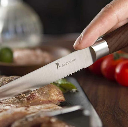 Natura Series 4.5” Serrated Steak Knife Set of 6, High Carbon Stainless Steel, Wooden Handle